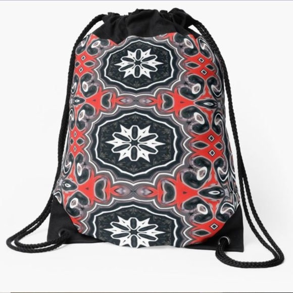 Drawstring Bag Black Red White Bandana-like Design